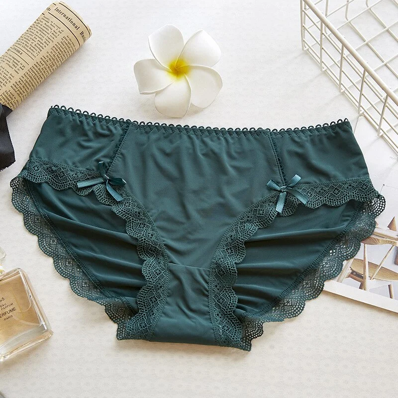 Billionm Girl Glossy Hollow Sexy Ladies Briefs Comfortable Breathable Bow Mid-waist Cotton Bottom Nylon New Lace Edge Lolita