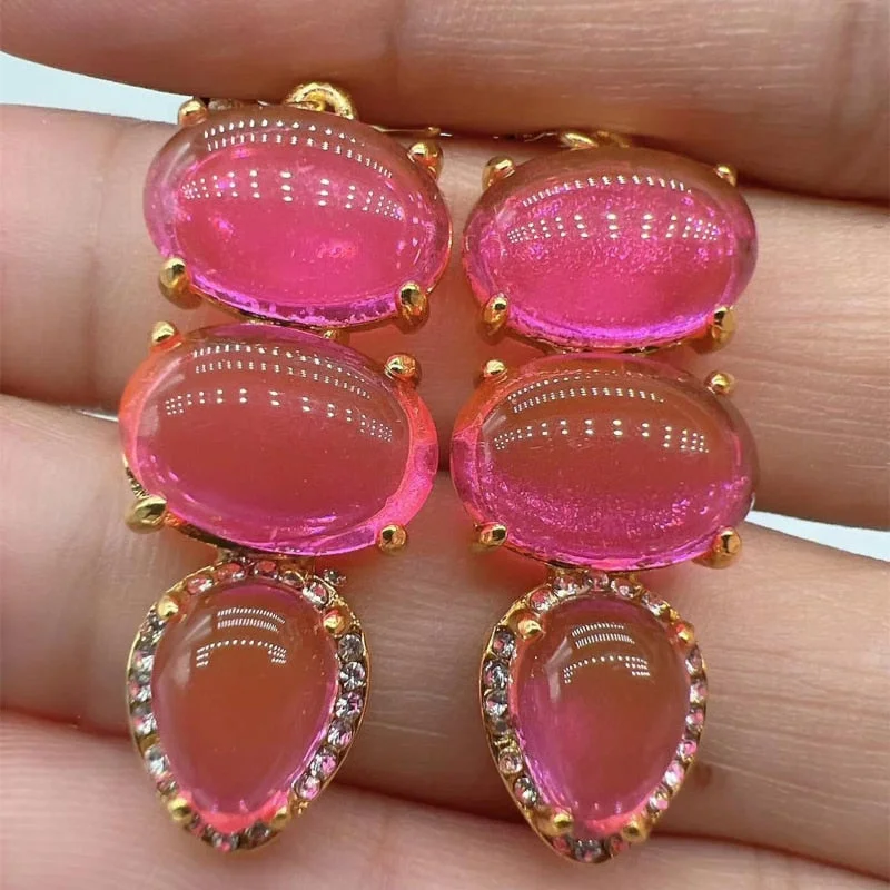 Luxury Metal Gold Plated Three Pink Moonstone Hook Drop Earrings for Women