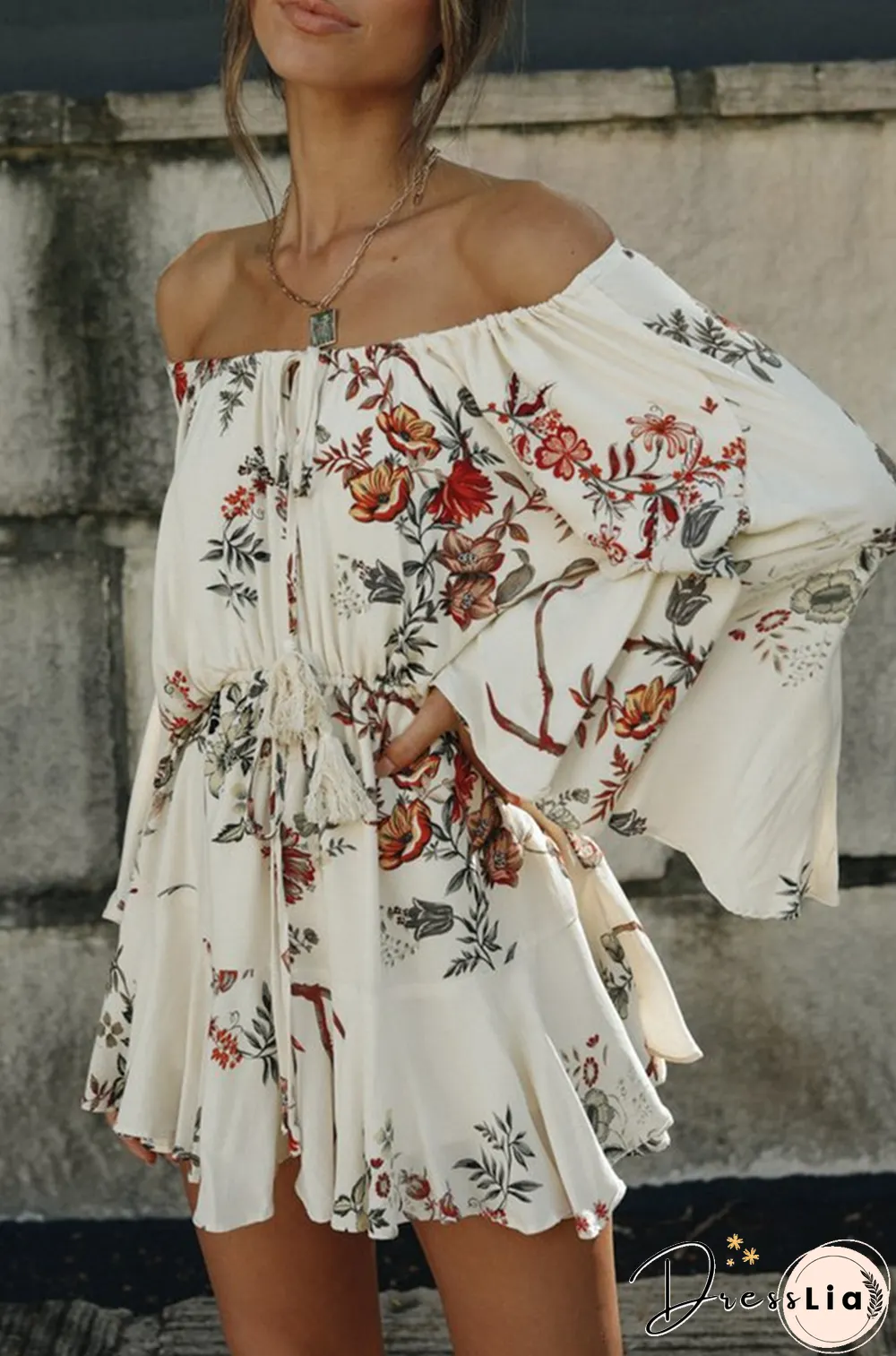 Fashion Casual Floral Split Joint Frenulum Off the Shoulder A Line Dresses