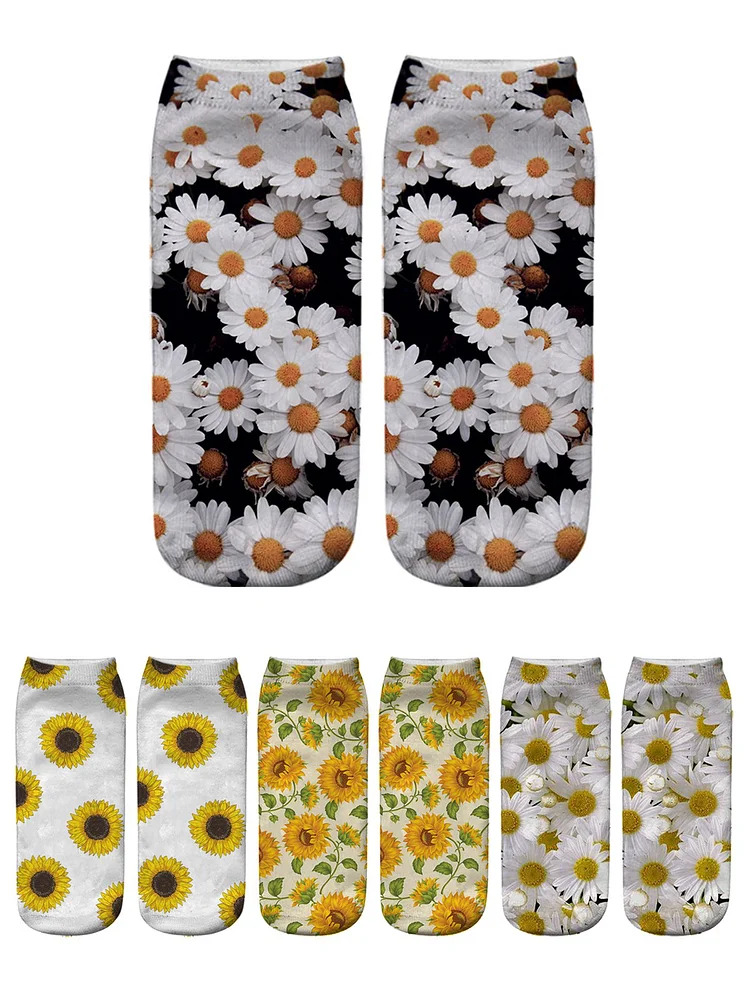 Sunflower Daisy Print Cotton Knitted Socks Breathable Sweat-Wicking