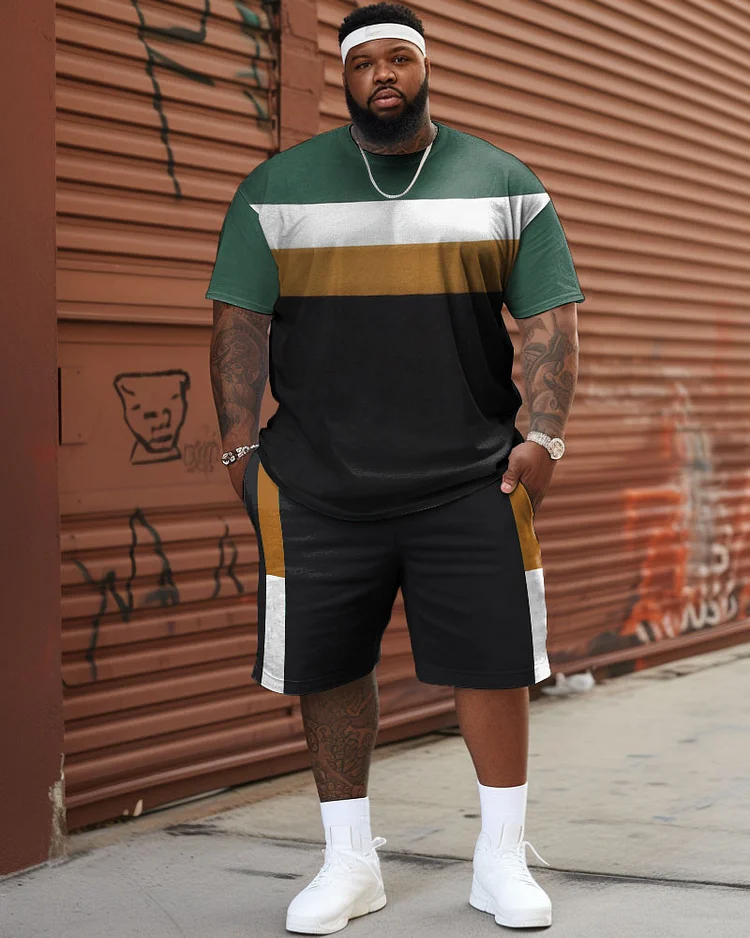 Men's Large Size Contrast Striped Patchwork T-shirt & Shorts Set