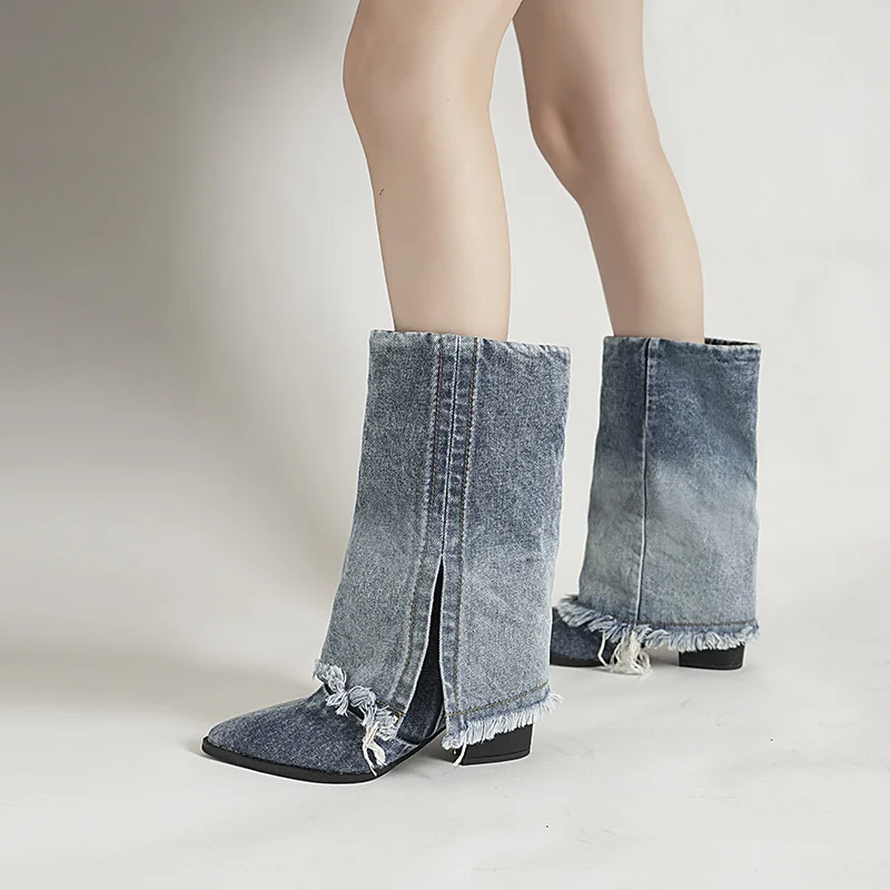 Breakj Breakj Denim Folded Tuxedo Sharp-Headed High-Heeled Shoes West Boots Low-Tender Trouser Tube Boots Short Boots Girl