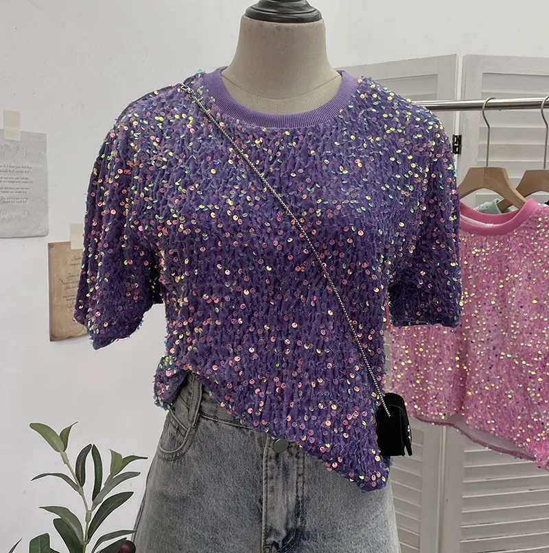 Nigikala Nigikala Sequin Short Sleeve T-Shirt 2025 Spring And Summer Korean Version Of Loose Night Club Bling Top 9088