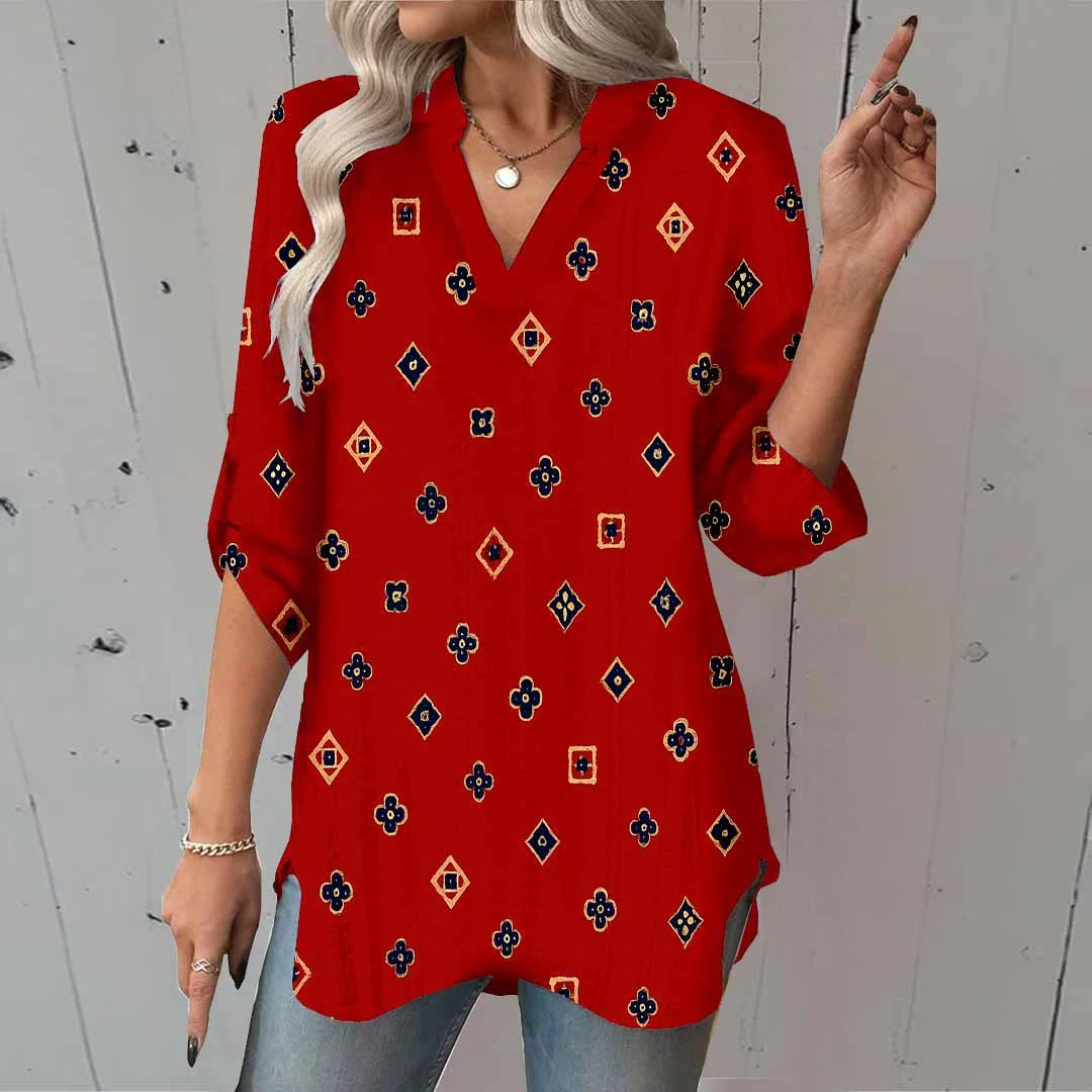 Women Polka Dot,  Red DZGA0414 3/4 Sleeve V-neck Printed Graphic Button Tops