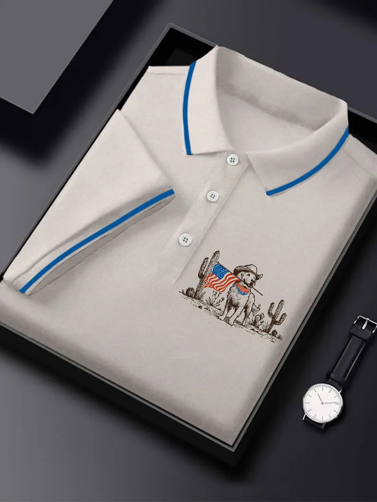 VChics Men's American Pride Pooch Print Casual Polo Shirt