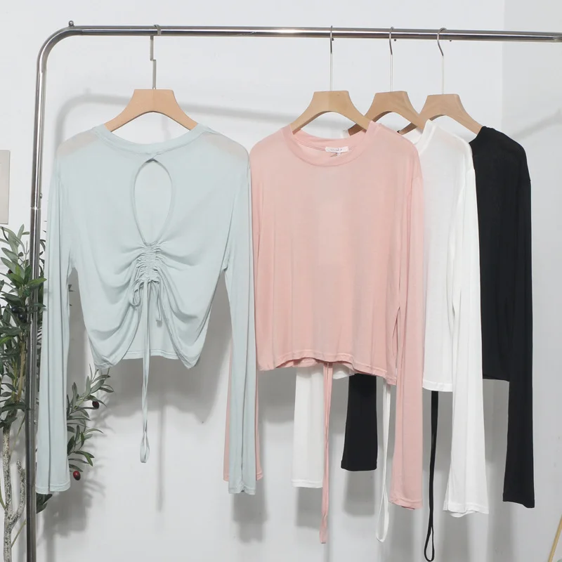 Uveng Han Shied Bare Back Drawstring Blouse Woman Summer Small Casual Wear Thin Hoodie Short-Sleeved T-Shirt 85827