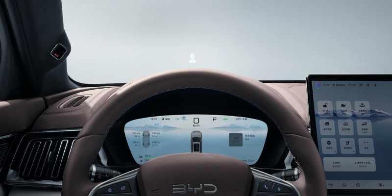 Dashboard shot highlighting the W-HUD display and digital instrument cluster