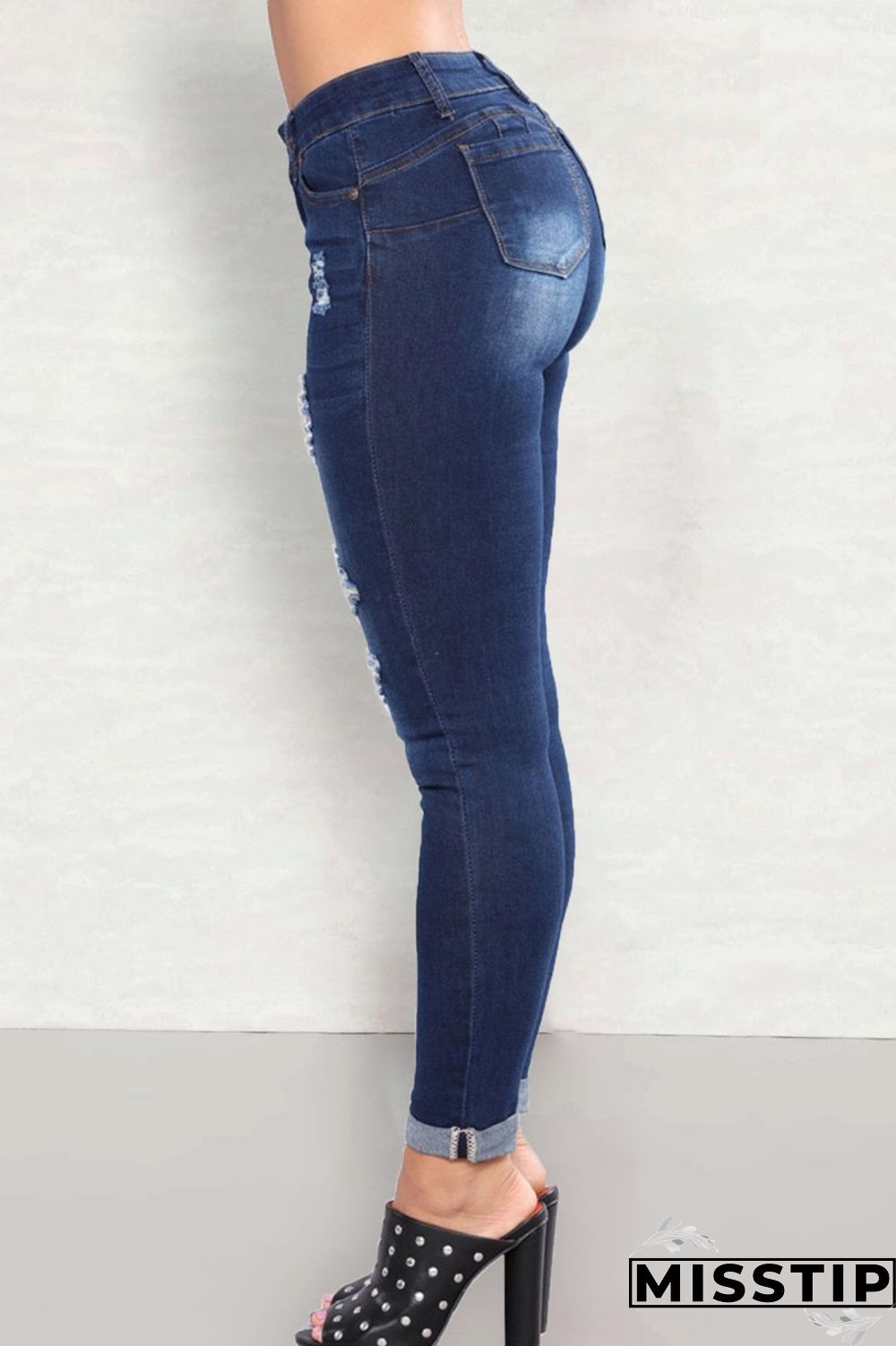 Deep Blue Casual Solid Ripped High Waist Skinny Denim Jeans