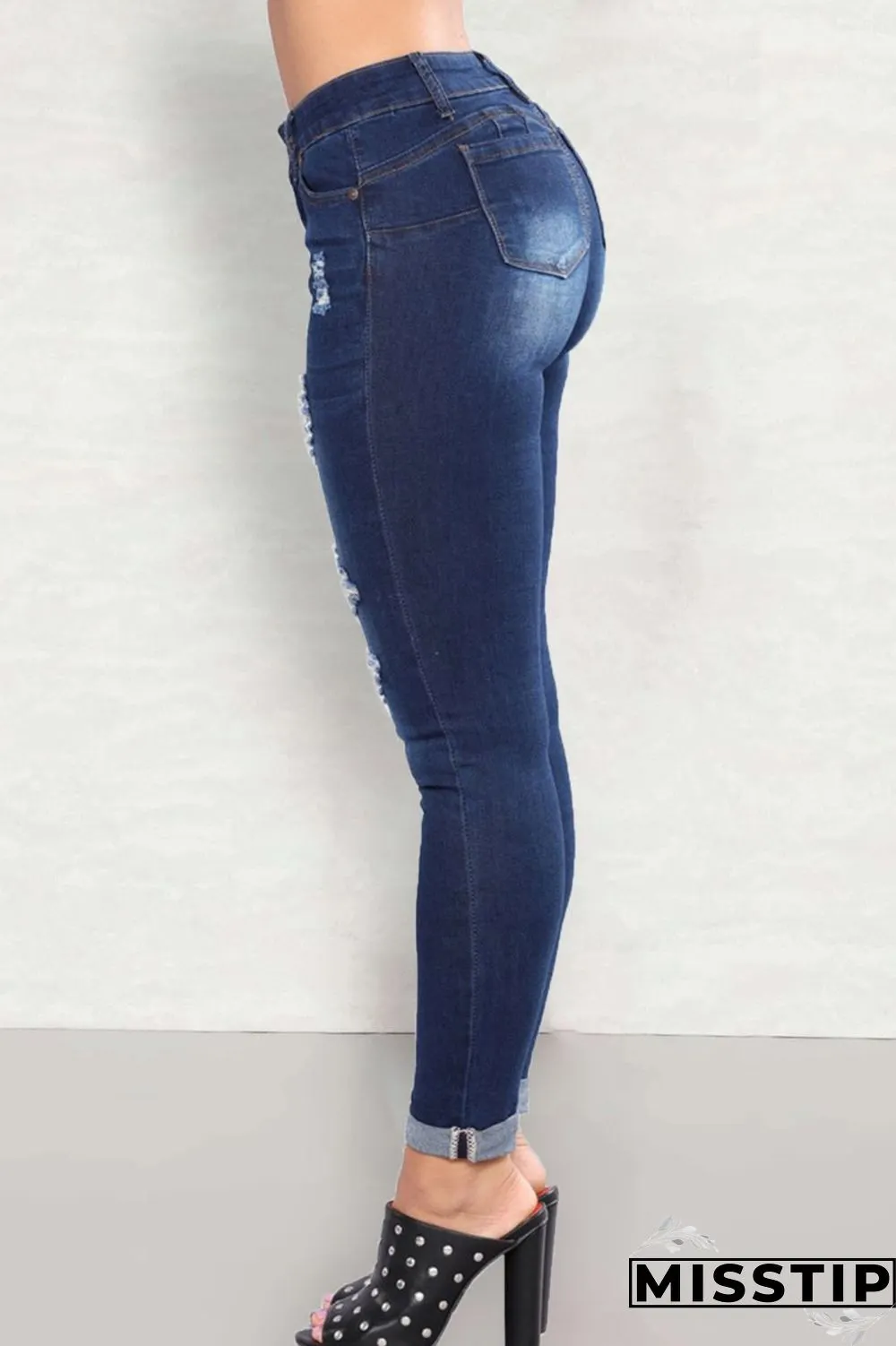 Deep Blue Casual Solid Ripped High Waist Skinny Denim Jeans