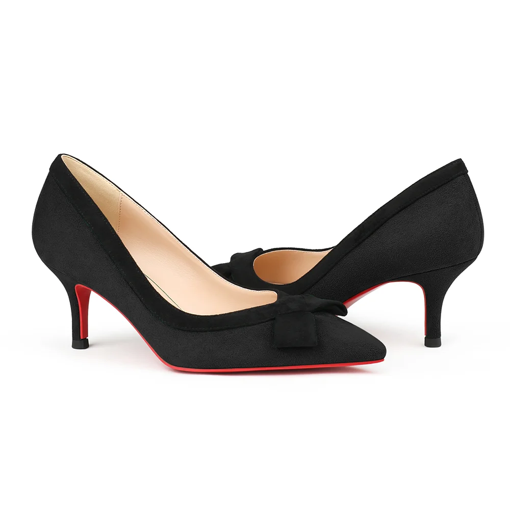 60mm Pointed Toe Bowknot Red Bottom Kitten Heels Daily Pumps for Women Suede-MERUMOTE