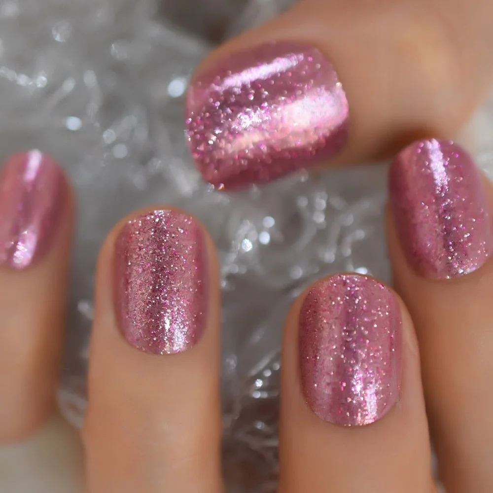 Holographic Silver Glitter Press On Nails Short Style Daily Wear Nude Pink Lady False Nails Oval Shape Nail Art Tips 515-Nail Inspo
