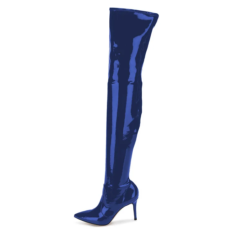 Royal Blue Mirror Leather Pointy Toe Thigh High Heel Boots Vdcoo