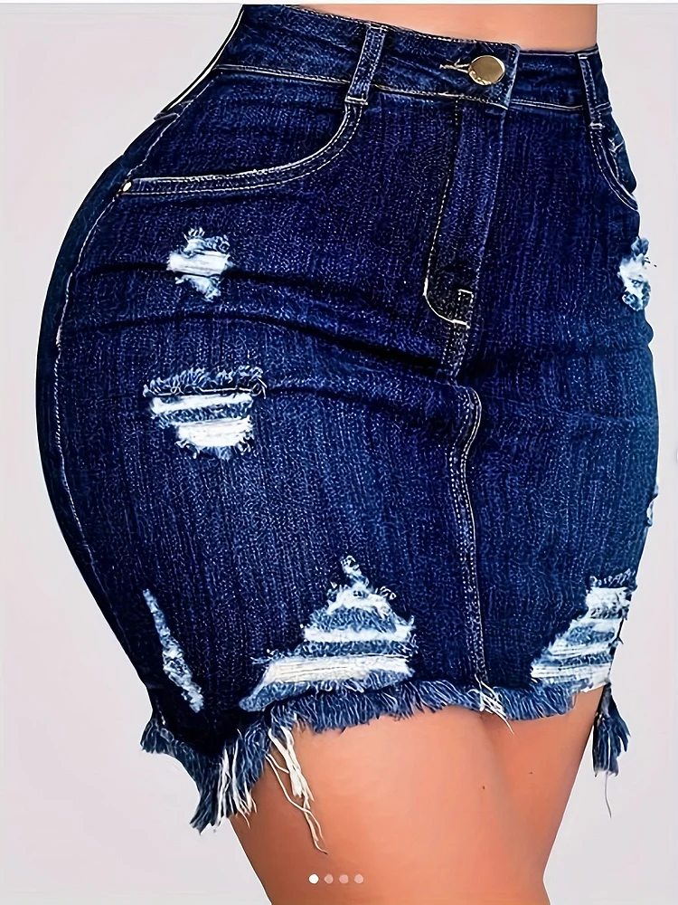 Women's Sexy High-Waisted Distressed Denim Skirt With Frayed Hem - Solid Color Blue Washed Look, Machine Washable 3-Season Casual Skirt For Spring Summer Fall, Casual Summer Wear | Distressed Fashion | Durable Denim
