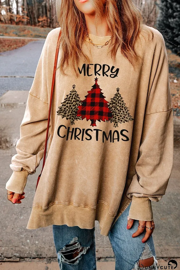 MERRY CHRISTMAS Khaki Tree Print Oversized Sweatshirt