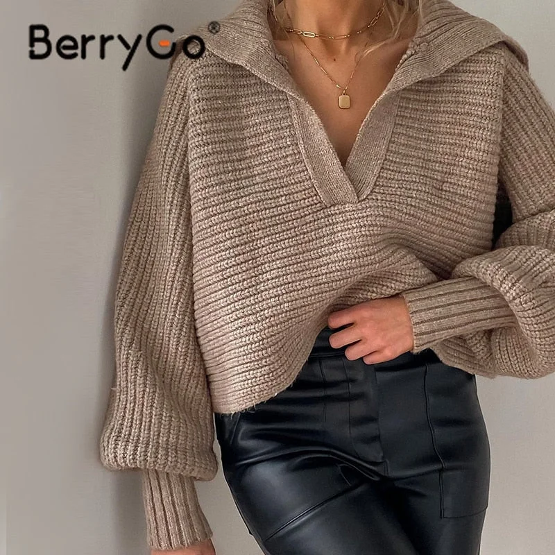 BerryGo Autumn winter Elegant polo sweater women cropped sweater Fashion lantern sleeve solid pullover Casual loose knitted top