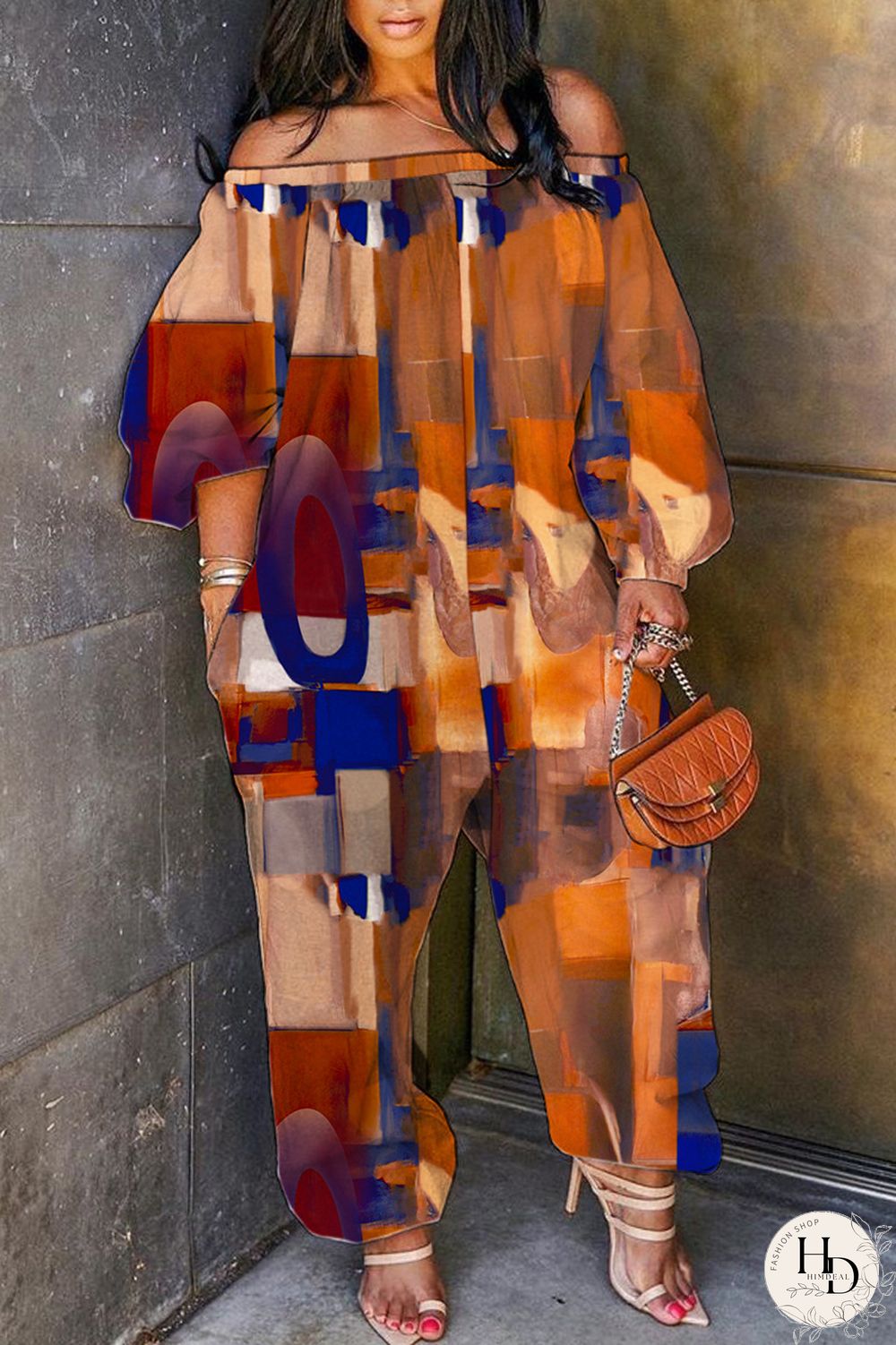 Rose Purple Casual Print Patchwork Off the Shoulder Regular Jumpsuits