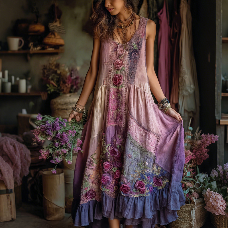 Women's Vintage Romantic Rose Embroidered Art Flowy Linen Blend Vest Dress wearshes