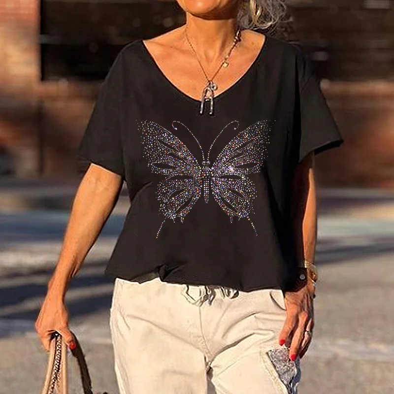 Colorful Fake Sequin Butterfly Print T-Shirt