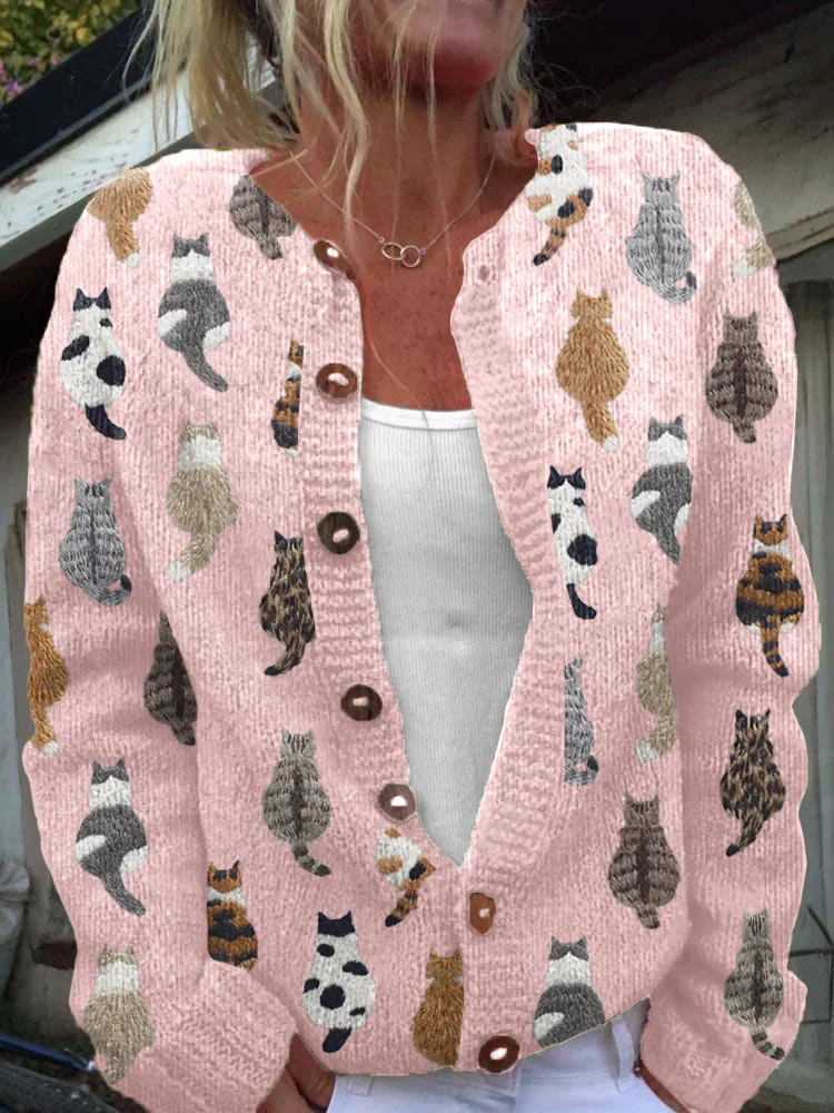 Cute Cats Embroidery Pattern Cozy Knit Cardigan