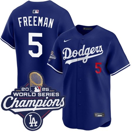 Men's Los Angeles Dodgers #5 Freddie Freeman  Royal 2025 World Series Champions Home Limited Jersey