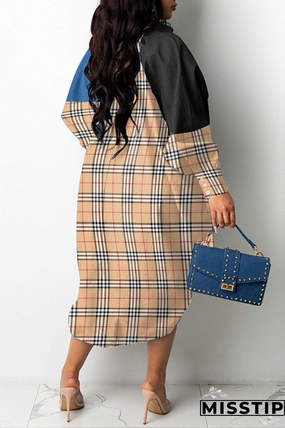 Brown Casual Print Patchwork Draw String Buckle Turndown Collar Shirt Dress Dresses