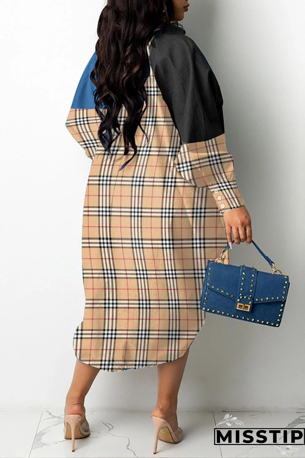 Brown Casual Print Patchwork Draw String Buckle Turndown Collar Shirt Dress Dresses