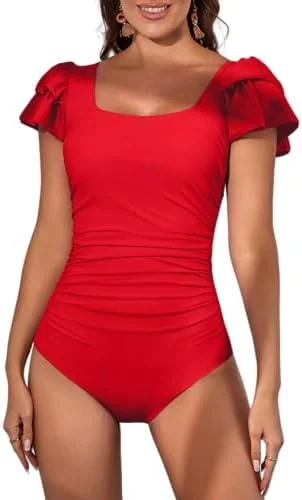 Ruffle Square Neck Tummy Control One Piece Swimsuit