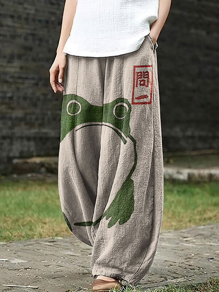 Comstylish Casual Cute Frog Japanese Lino Art Painting Print Loose Pants