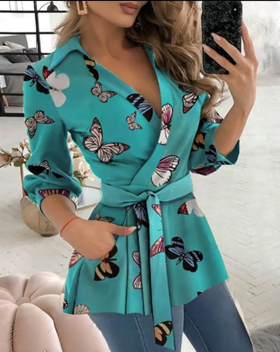 New Spring Summer Women's Commuter Elegant Long Shirt Printed Solid Color Shirt Long Sleeved Lapel Belt Shirt
