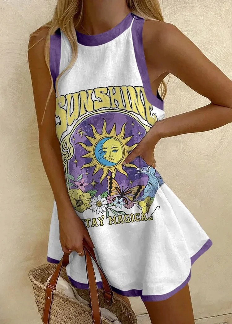 Sun And Moon Print Sleeveless Mini Dress