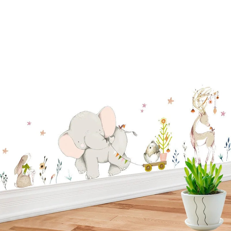 Cartoon Elephant Animal Wall Sticker for Kids Room Home Decoration Baseboard Large Art Wall Sticker for Nursery Baby Room Poster