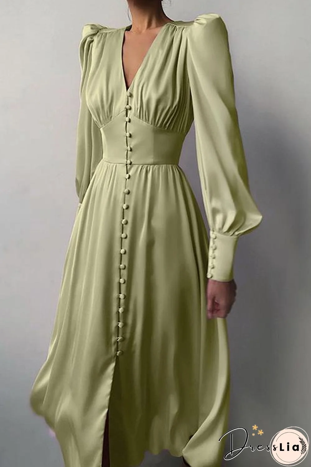Satin Button Puff Long Sleeve Dress