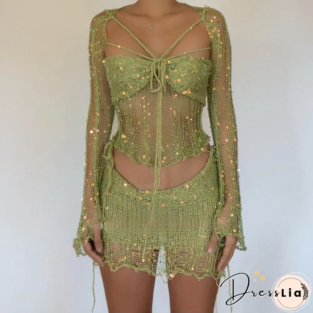 Sexy Sequin Knitted Sweater Three Piece Skirt Sets