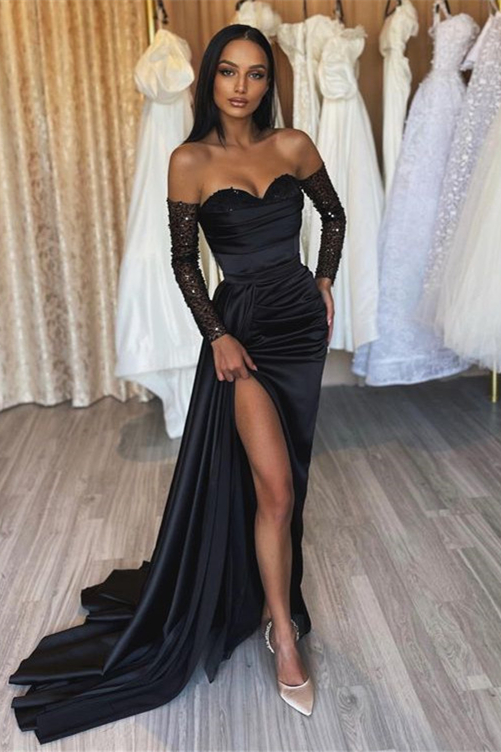Oknass Stunning Black Sequins Sweetheart Pleated Long Mermaid Split Long Prom Dress