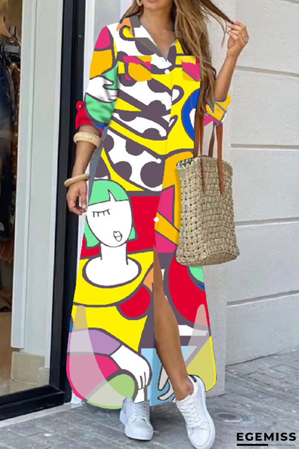 Yellow Casual Street Print Patchwork Buckle Turndown Collar Shirt Dress Dresses | EGEMISS