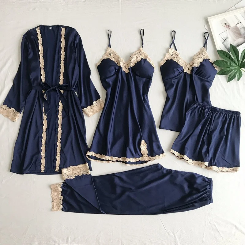 Uveng Uveng Pajamas With Thoracic Silk Sexy Slings Gold Five-Piece Set Of Pajamas Thin Homewear
