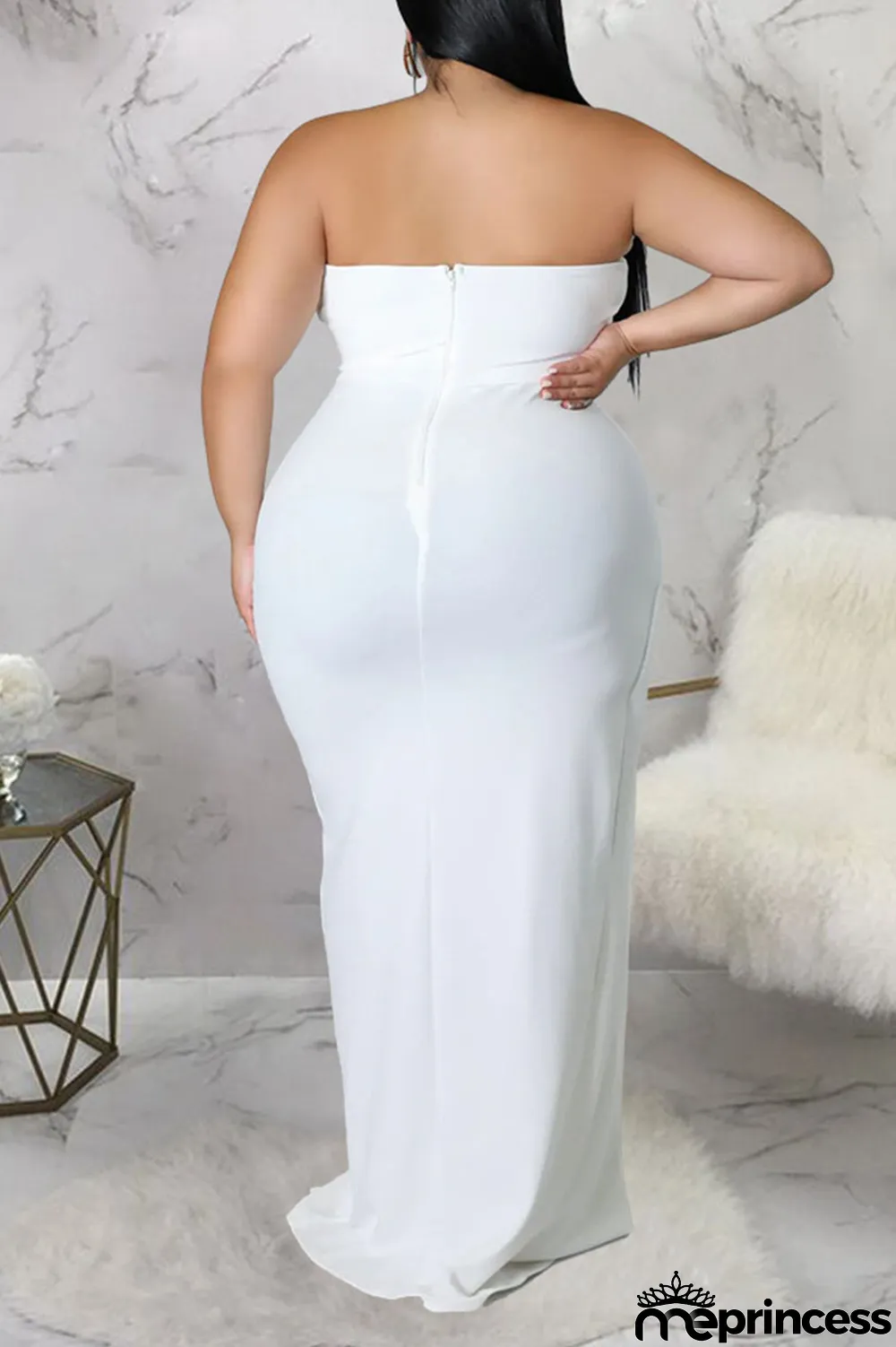 Black Sexy Solid Patchwork Flounce Slit Asymmetrical Strapless Evening Dress Plus Size Dresses