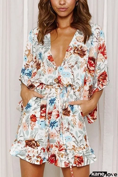 Print V Neck Button Bat Romper