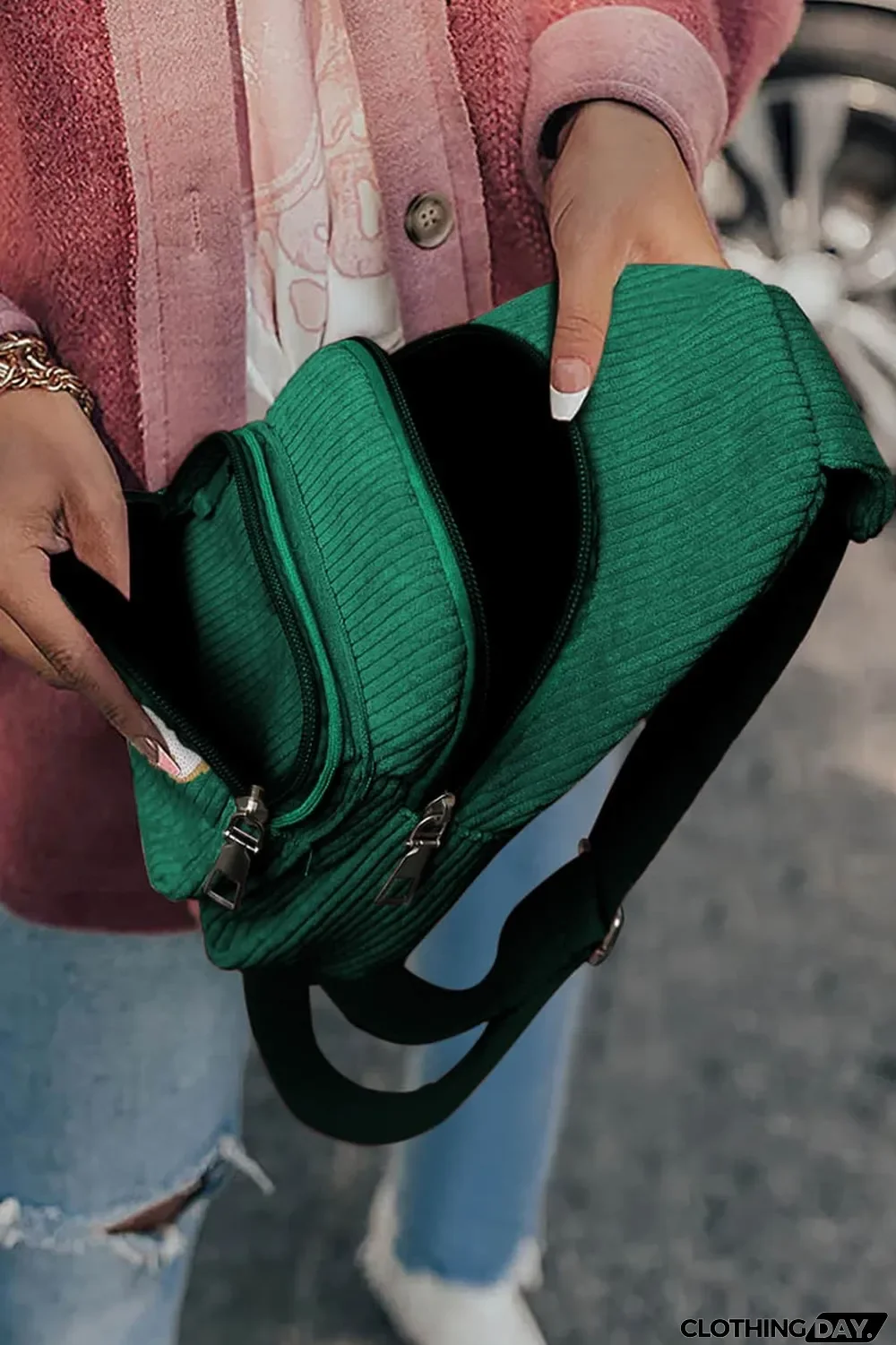 Blackish Green Christmas Sequined Santa Claus Corduroy Sling Bag