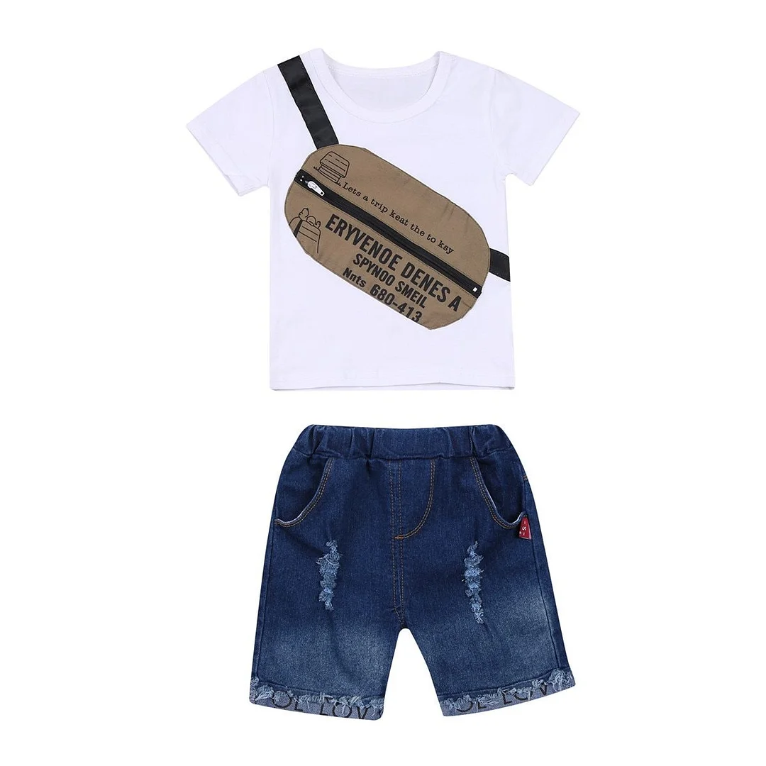 2 Pcs Infant Kids Boy Casual Suit Round Neck Short Sleeve Messenger Bag Print T-shirt Loose Ripped Jeans, Daily Life