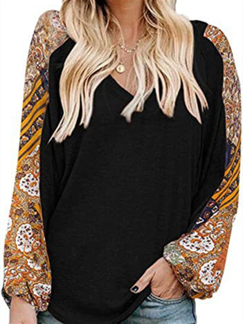 Women Long Sleeve V-neck Graphic Floral Printed Top