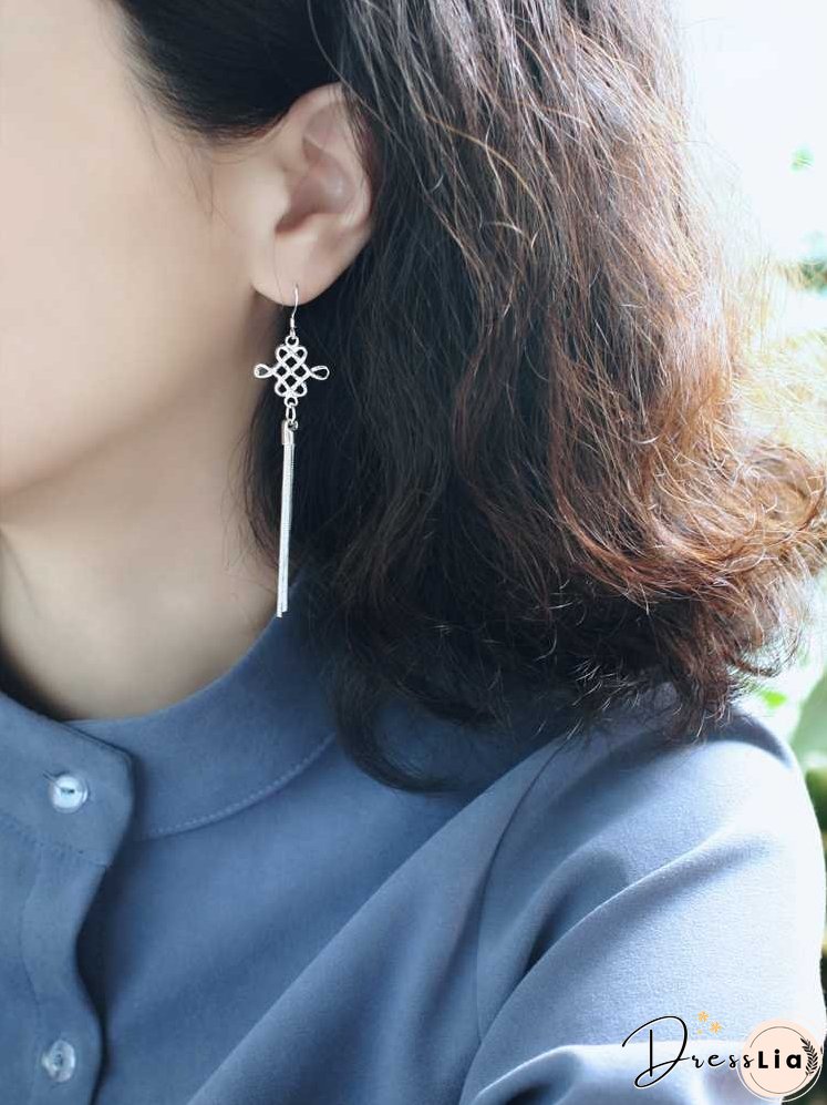 S925 Silver Art Retro Knot Tassel Earrings Elegant Bride Ethnic Style Ear Clip