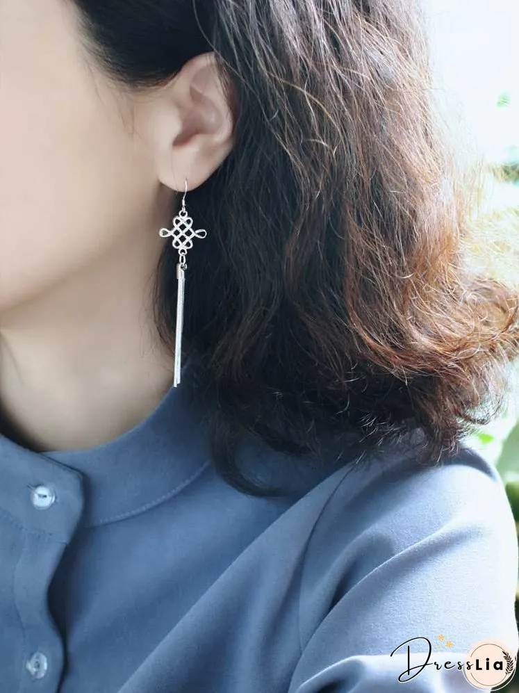 S925 Silver Art Retro Knot Tassel Earrings Elegant Bride Ethnic Style Ear Clip