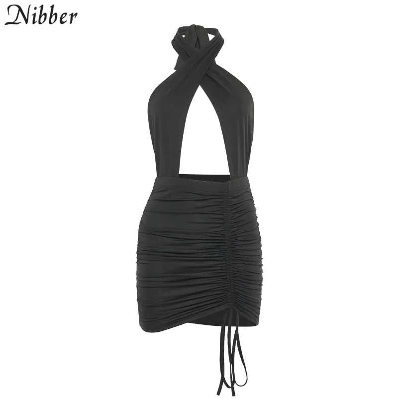 Nibber Pleated Halter Mini Dress Women 2021 Summer Sexy Party Clubwear Female Little Cleavage Bodycon Sleeveless Backless Skirt