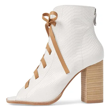 Women's White Chunky Heel Cutout booties Double Straps Ankle Boots