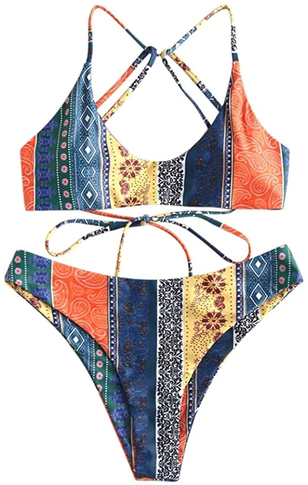 Women's V-Wired Striped Reversible Two Piece Bikini Set Strappy Swimsuit
