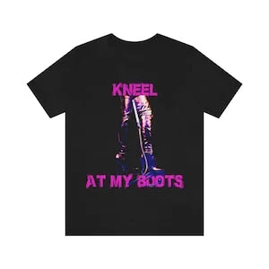 pornhint Pornhint Kneel At My Boots Kinky Fetish BDSM Thigh High Boots Unisex Jersey Short Sleeve Tee