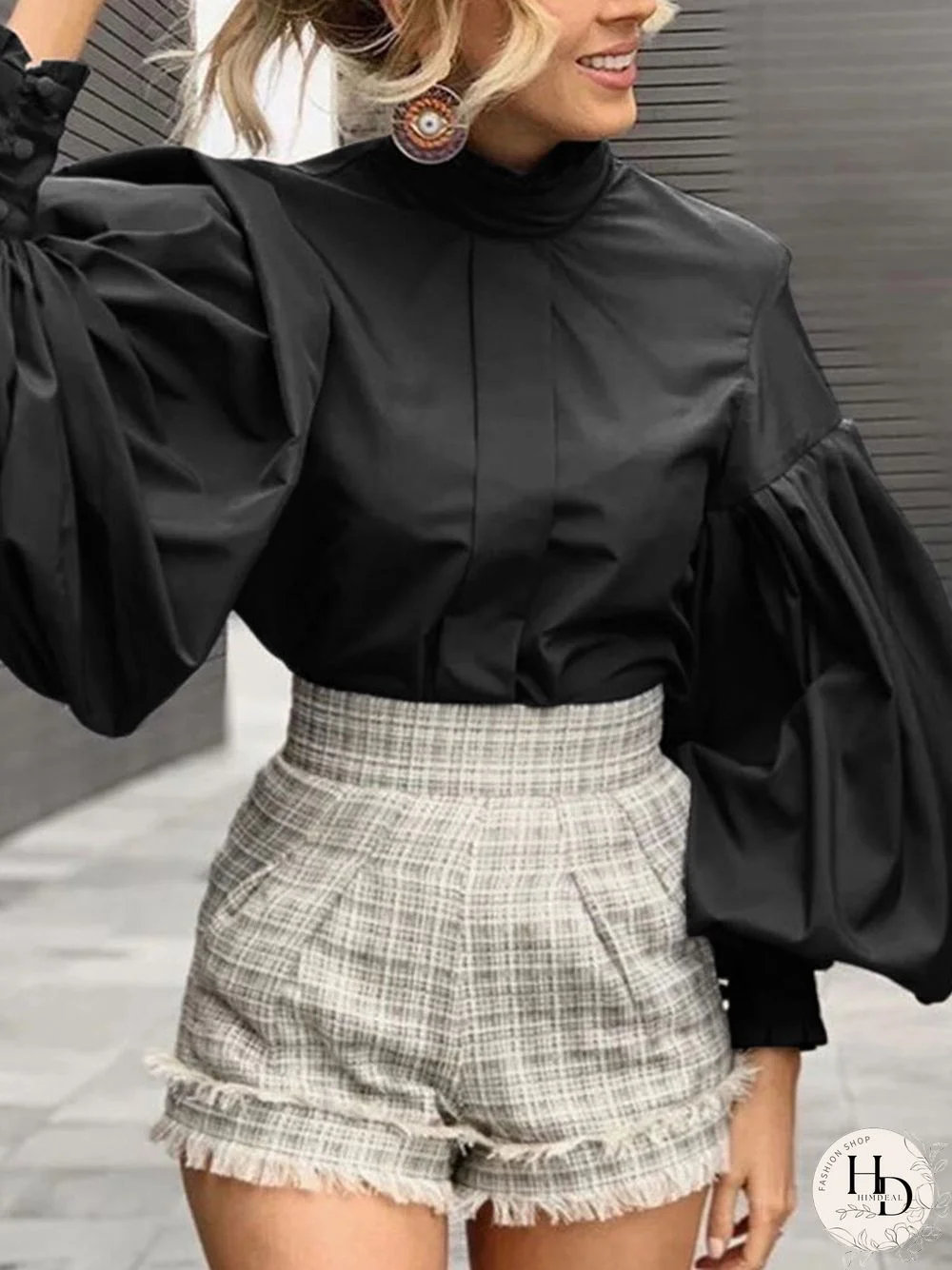 Solid Color Long Lantern Sleeve Ruffle Shirt For Women