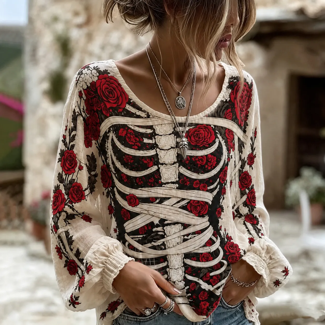 Women's Retro Halloween Bloody Human Skeleton With Floral Art Casual Long Sleeve Tops artswardrobe