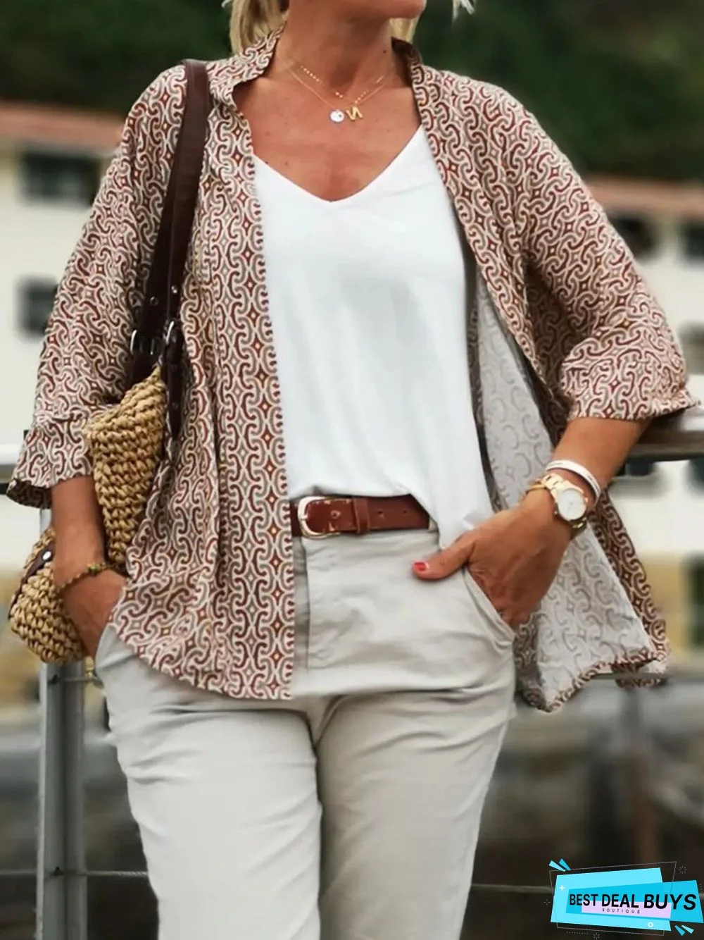 3/4 Sleeve Basic Shift Printed Cardigan